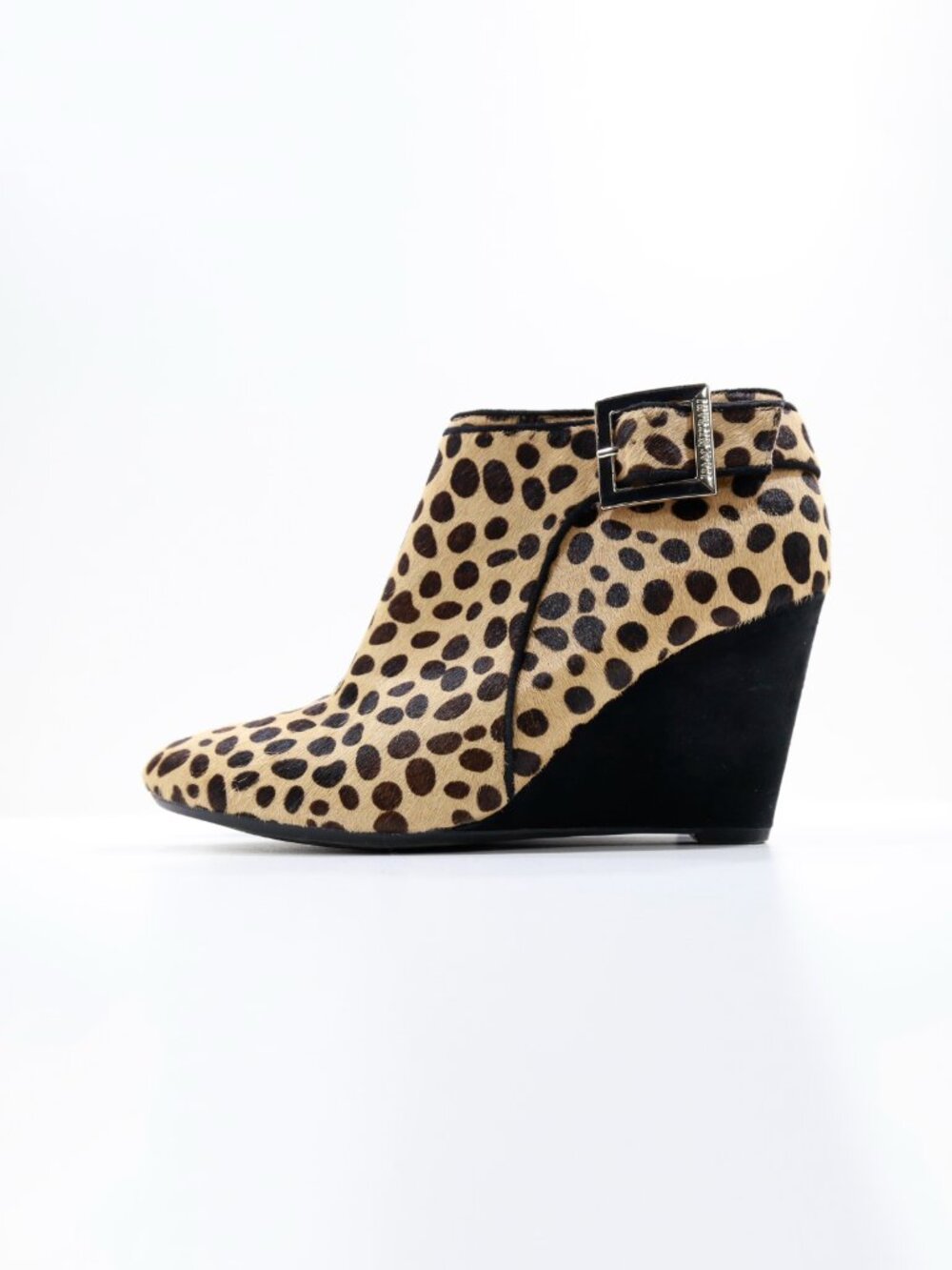 Isaac Mizrahi WinonaLee Tan & Black Calf Hair 3" Wedge Heel Booties - 6.5